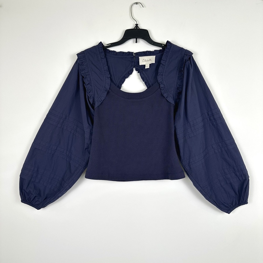 Cleobella Navy Blue Ruffle Balloon Sleeve Top Small Organic Cotton Boho Cottage